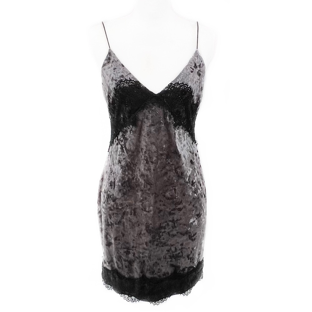 Topshop Gray Velvet & Black Lace Mini Bodycon Tight Very Sexy Dance Slip Dress 8